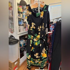 New York & Company Black Dress with Yellow Floral Print and Belt